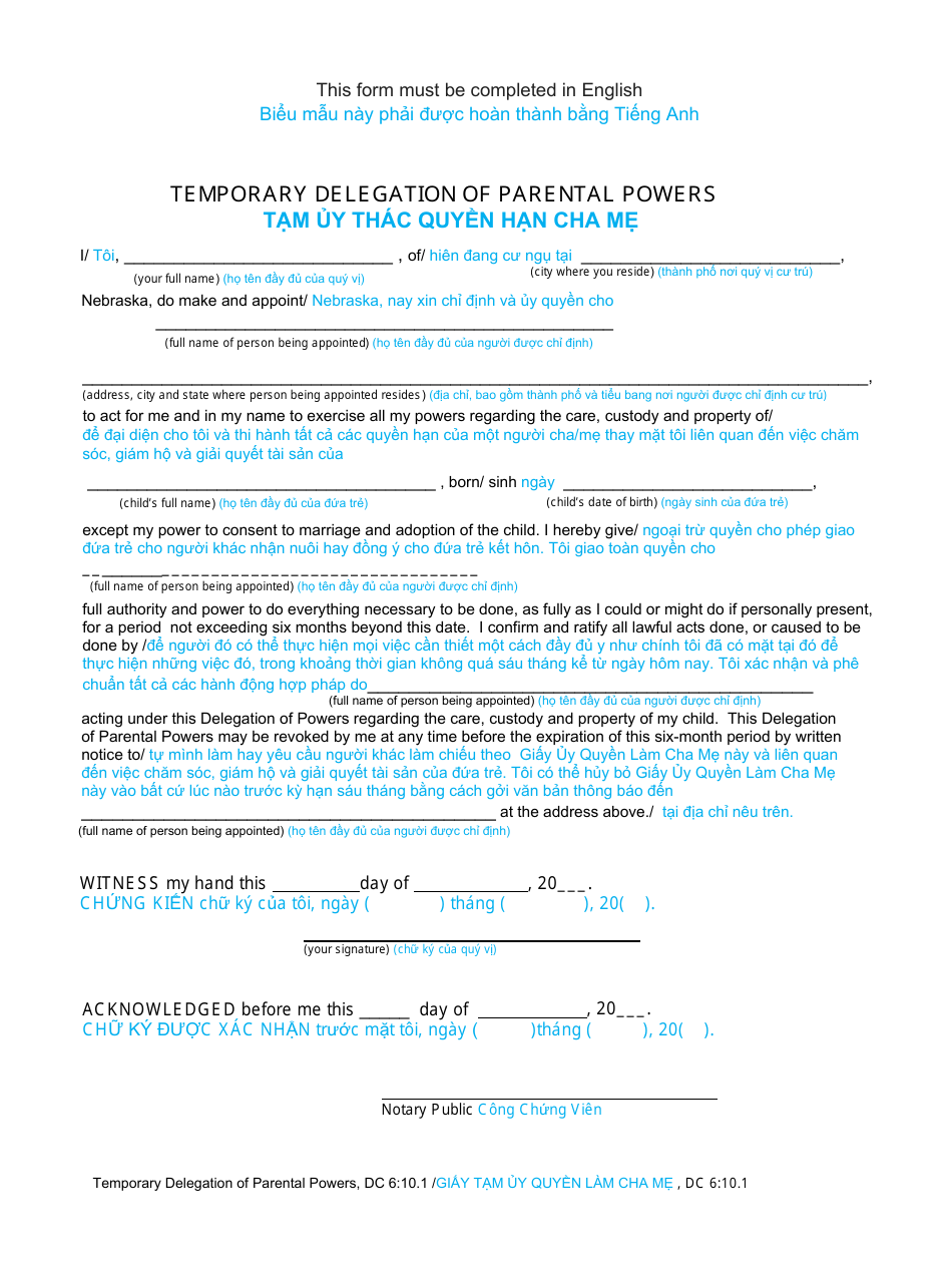 Form DC6:10.1 Temporary Delegation of Parental Powers - Nebraska (English / Vietnamese), Page 1