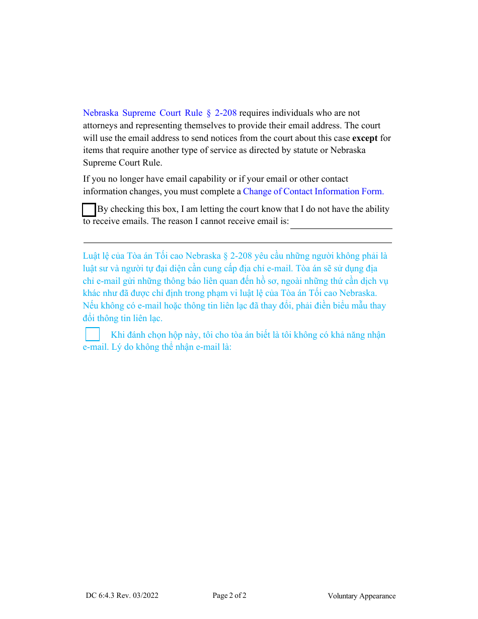 Form DC6:4.3 Voluntary Appearance - Nebraska (English / Vietnamese), Page 2