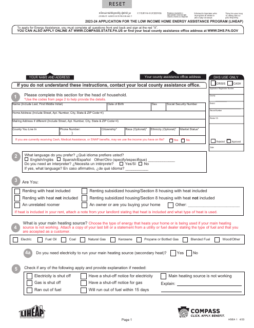 Form HSEA1 Application for the Low Income Home Energy Assistance Program (Liheap) - Pennsylvania, 2024