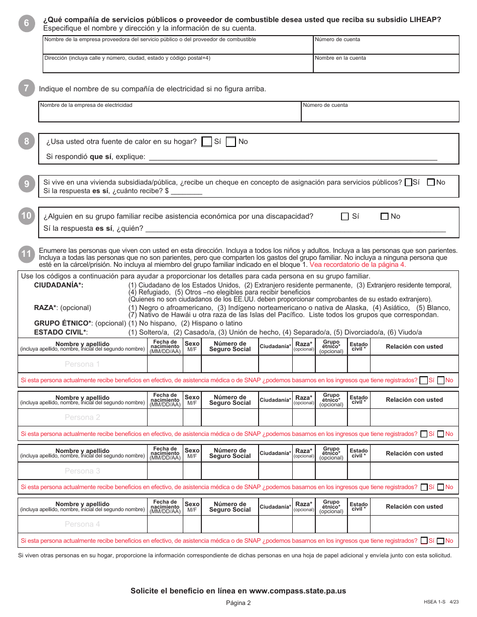 Formulario HSEA1-S Solicitud Para El Programa Para Asistencia De Energia Para Hogares De Bajos Ingresos (Liheap) - Pennsylvania (Spanish), Page 2