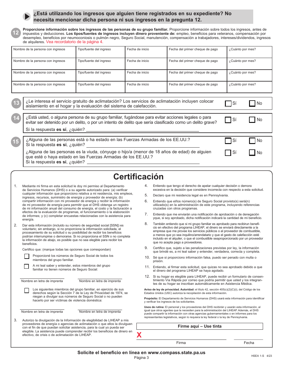 Formulario HSEA1-S Solicitud Para El Programa Para Asistencia De Energia Para Hogares De Bajos Ingresos (Liheap) - Pennsylvania (Spanish), Page 3