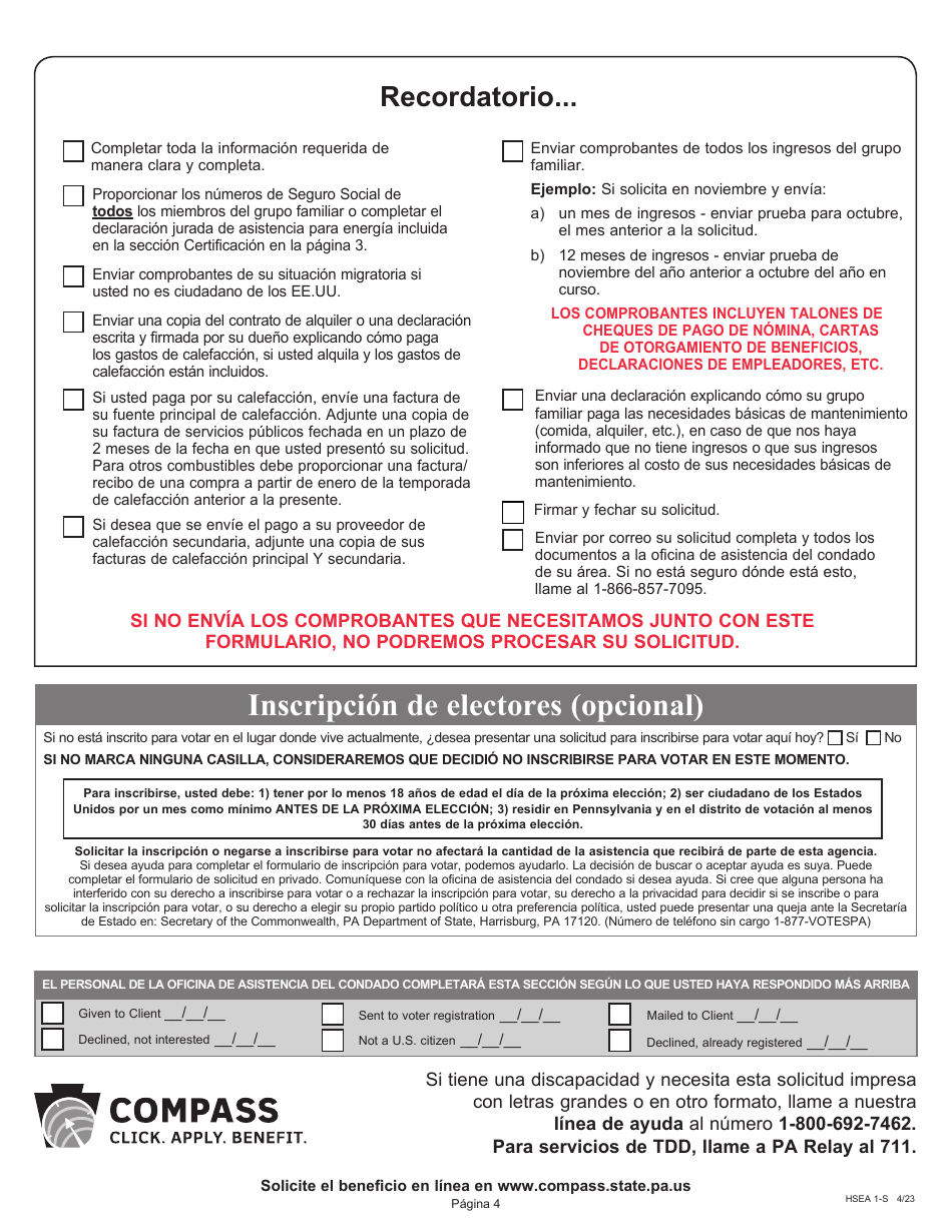 Formulario HSEA1-S Solicitud Para El Programa Para Asistencia De Energia Para Hogares De Bajos Ingresos (Liheap) - Pennsylvania (Spanish), Page 4