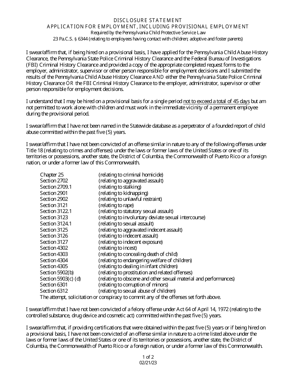 Pennsylvania Disclosure Statement for Employment Fill Out, Sign Online and Download PDF