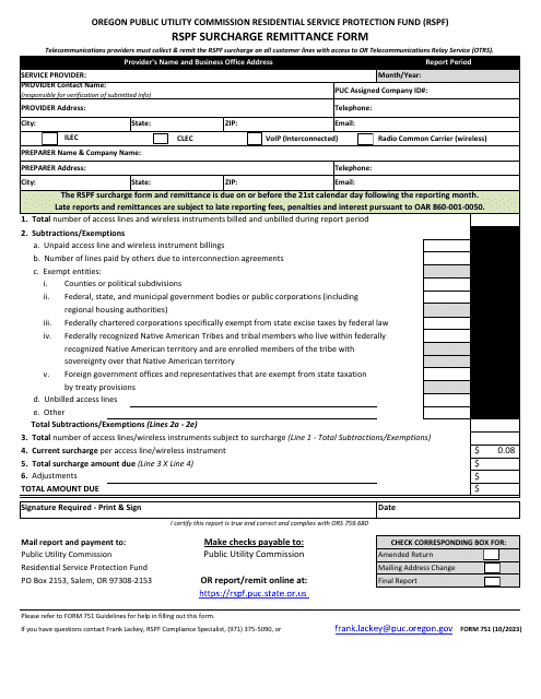 Form 751 Rspf Surcharge Remittance Form - Oregon