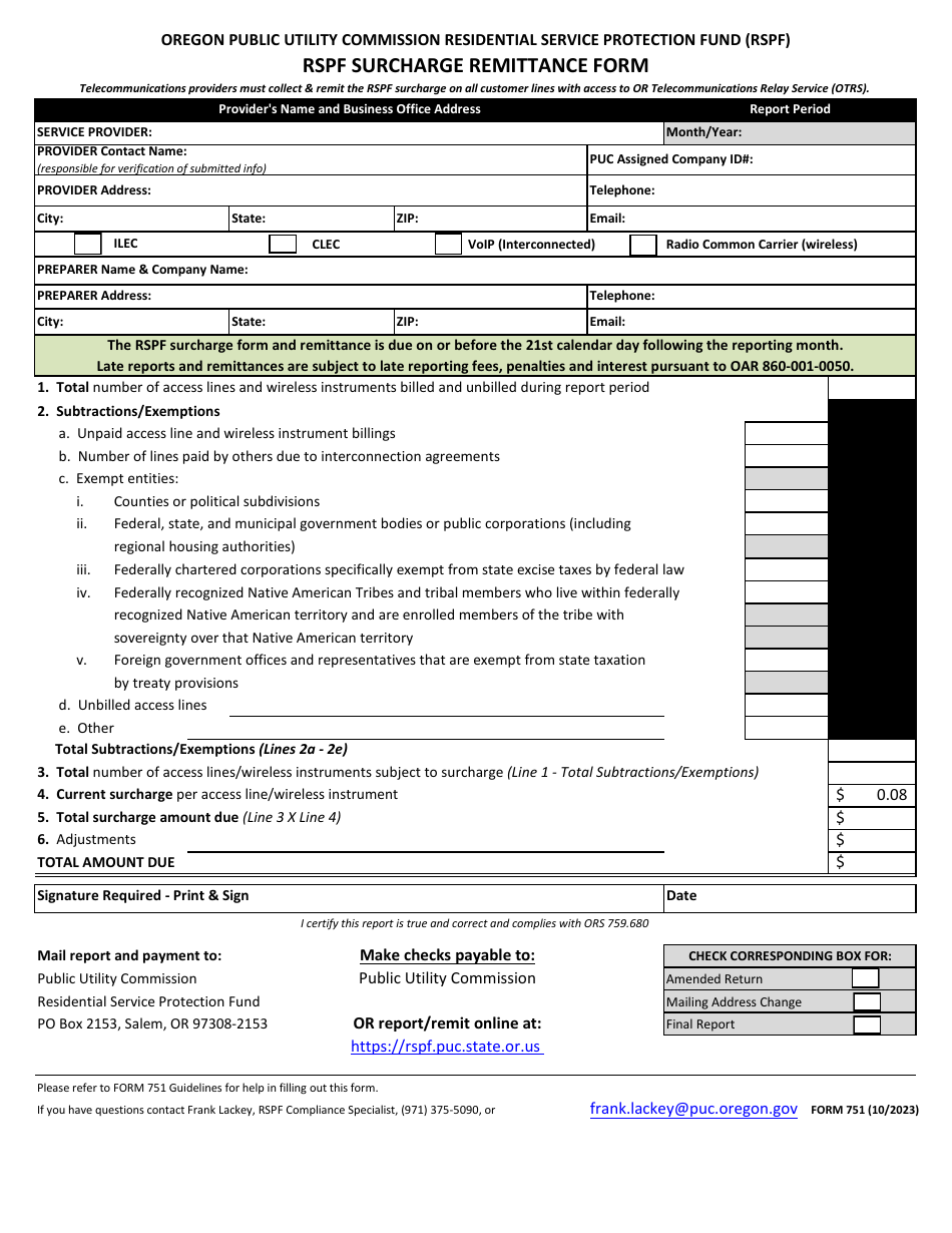 Form 751 Rspf Surcharge Remittance Form - Oregon, Page 1