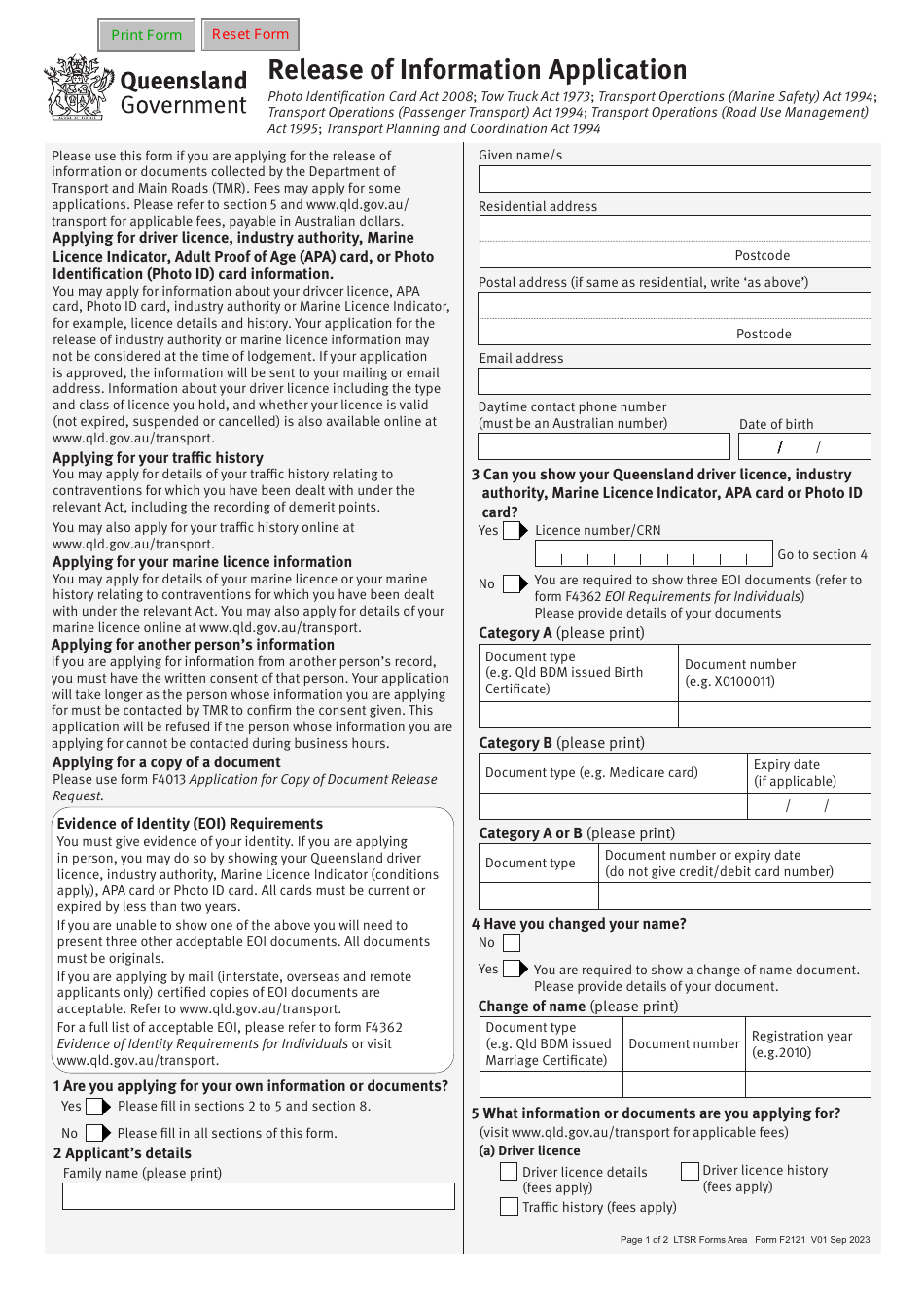 Form F2121 Release of Information Application - Queensland, Australia, Page 1