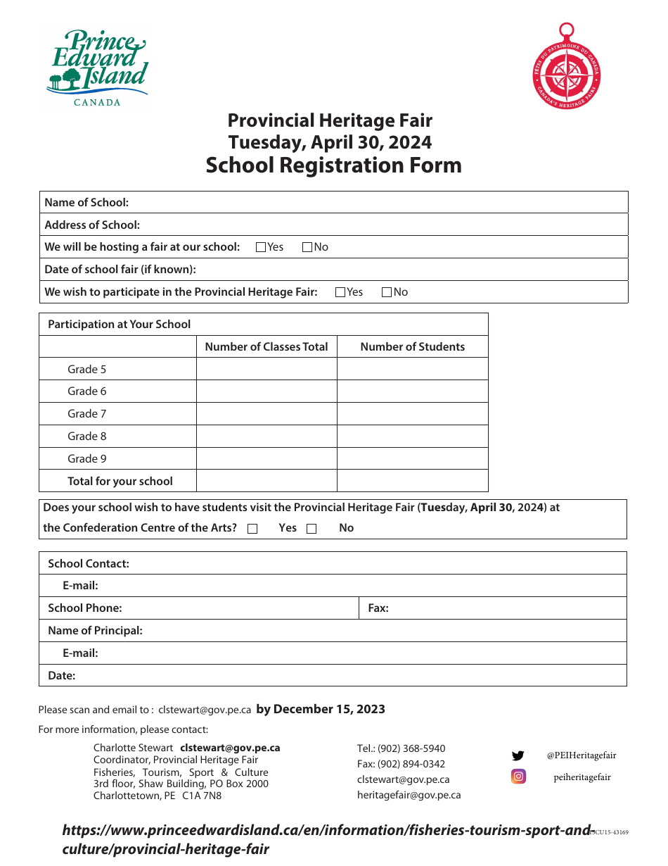 School Registration Form - Provincial Heritage Fair - Prince Edward Island, Canada, Page 1