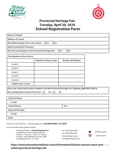 School Registration Form - Provincial Heritage Fair - Prince Edward Island, Canada Download Pdf