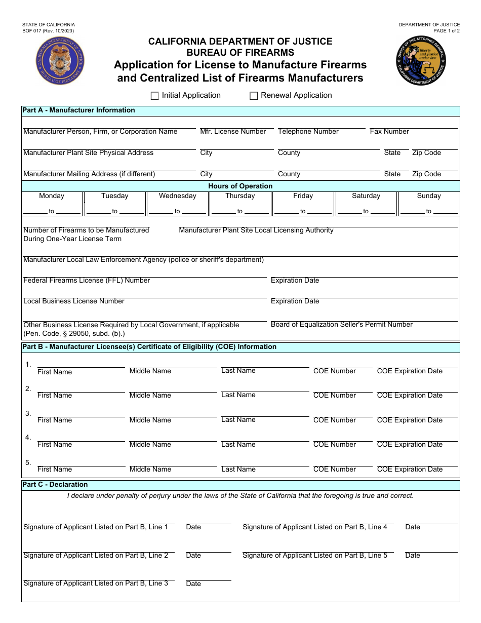 Form BOF017 Application for License to Manufacture Firearms and Centralized List of Firearms Manufacturers - California, Page 1