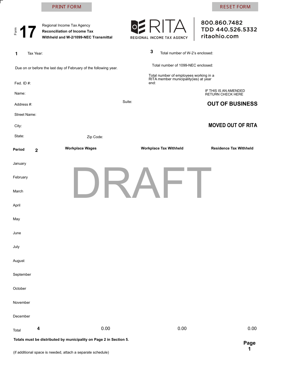 Form 17 Reconciliation of Income Tax Withheld and W-2 / 1099-nec Transmittal - Draft - Ohio, Page 2