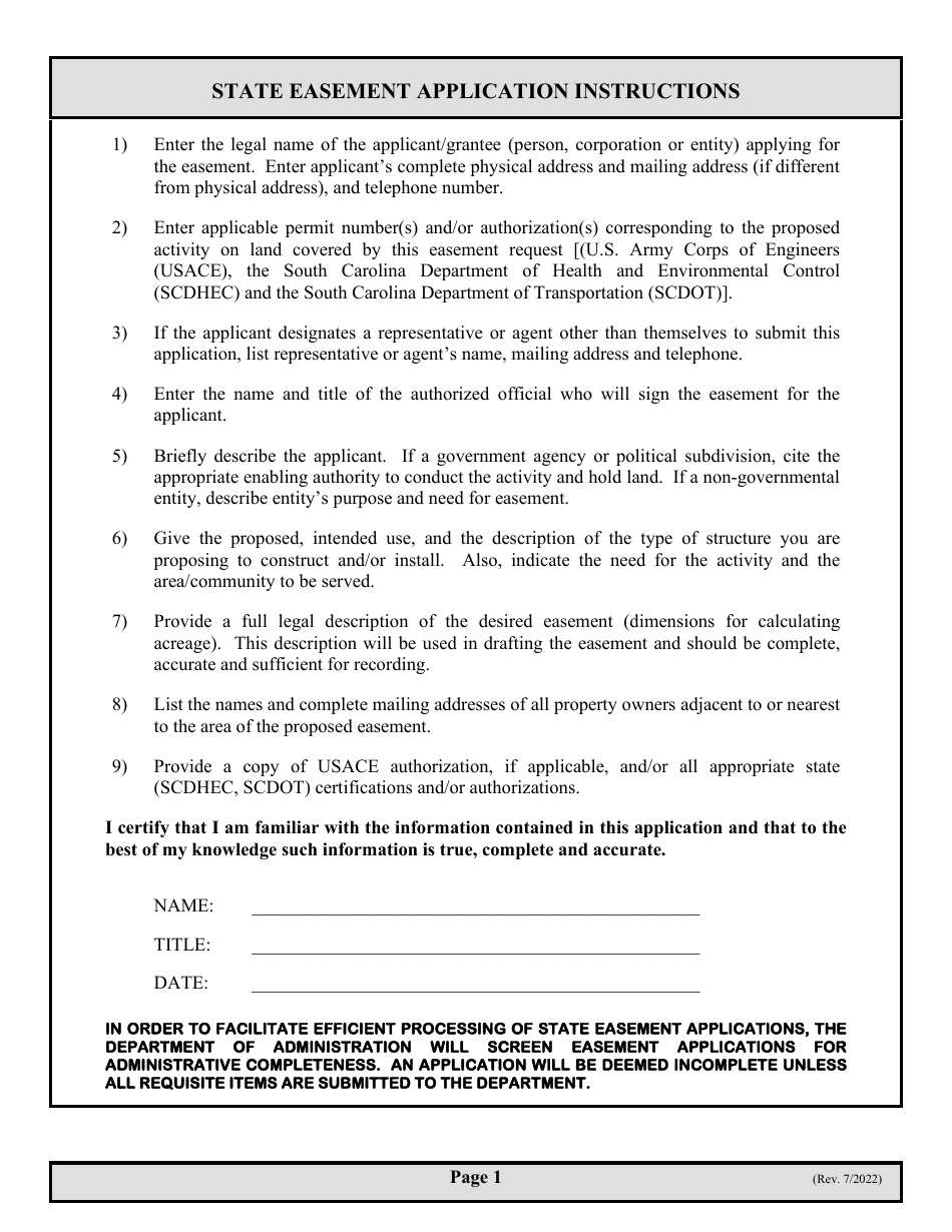State Easement Application - South Carolina, Page 1