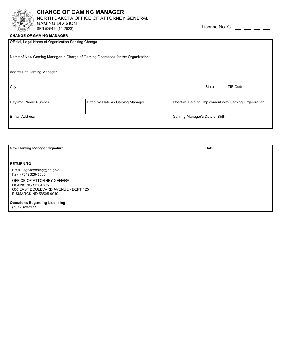 Form SFN52549 Change of Gaming Manager - North Dakota, Page 1