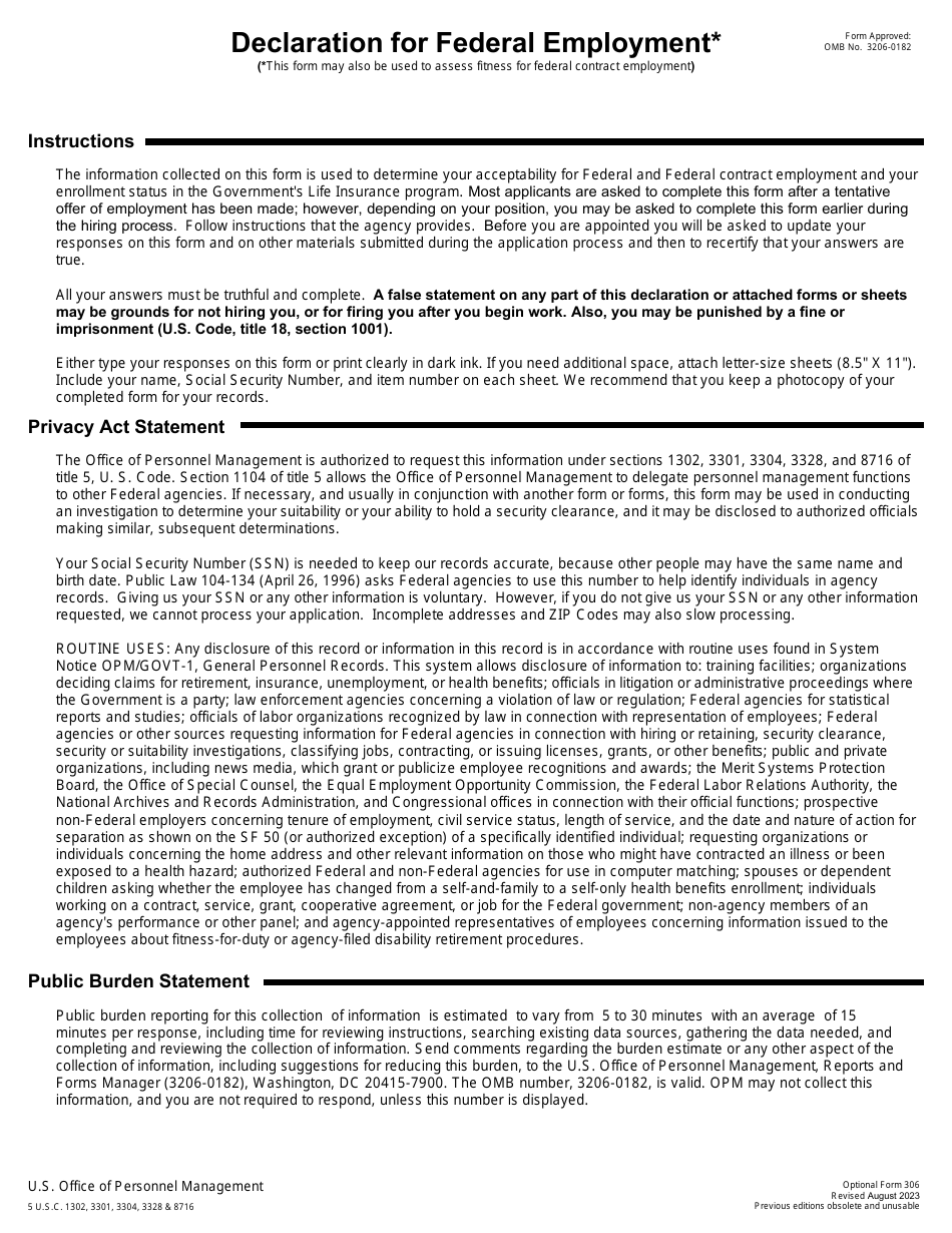 Form OF-306 Declaration for Federal Employment, Page 1