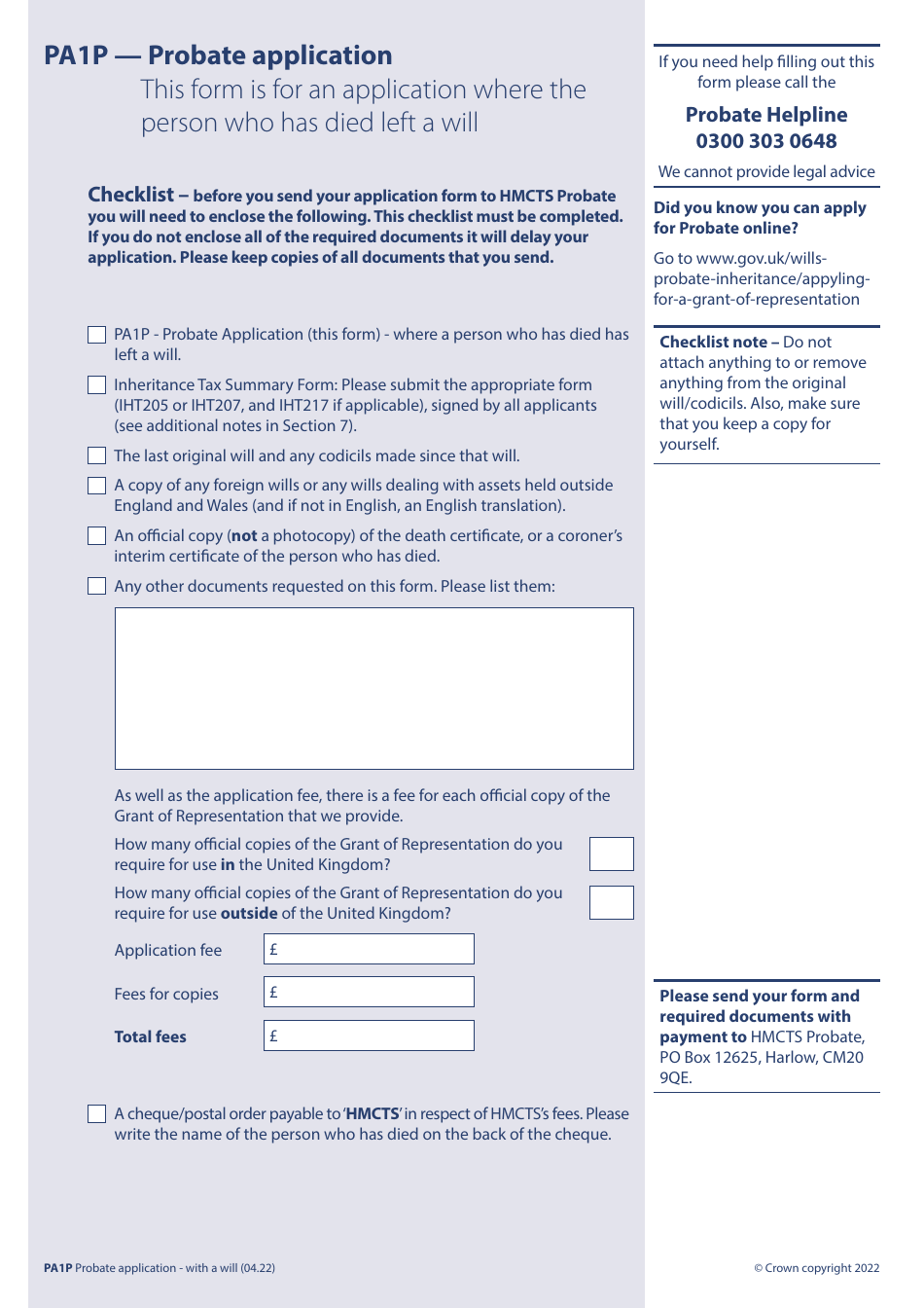 Form PA1P Probate Application - With a Will - Citizen Applicants Only - United Kingdom, Page 1