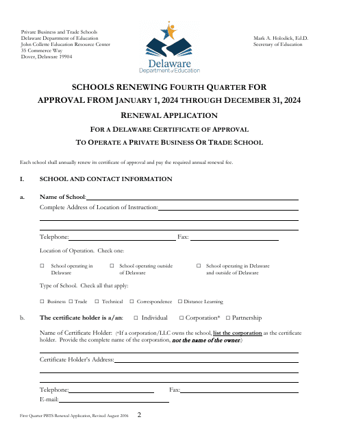 Delaware Certificate of Approval to Operate a Private Business or Trade School - 4th Quarter Renewal Application - Delaware Download Pdf