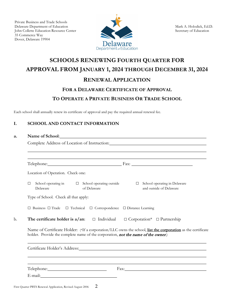 Delaware Certificate of Approval to Operate a Private Business or Trade School - 4th Quarter Renewal Application - Delaware, Page 1