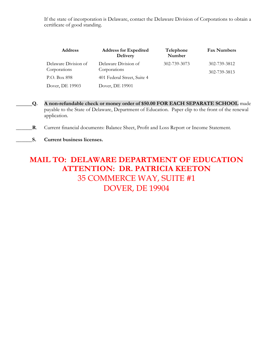 Delaware Certificate of Approval to Operate a Private Business or Trade School - 4th Quarter Renewal Application - Delaware, Page 9