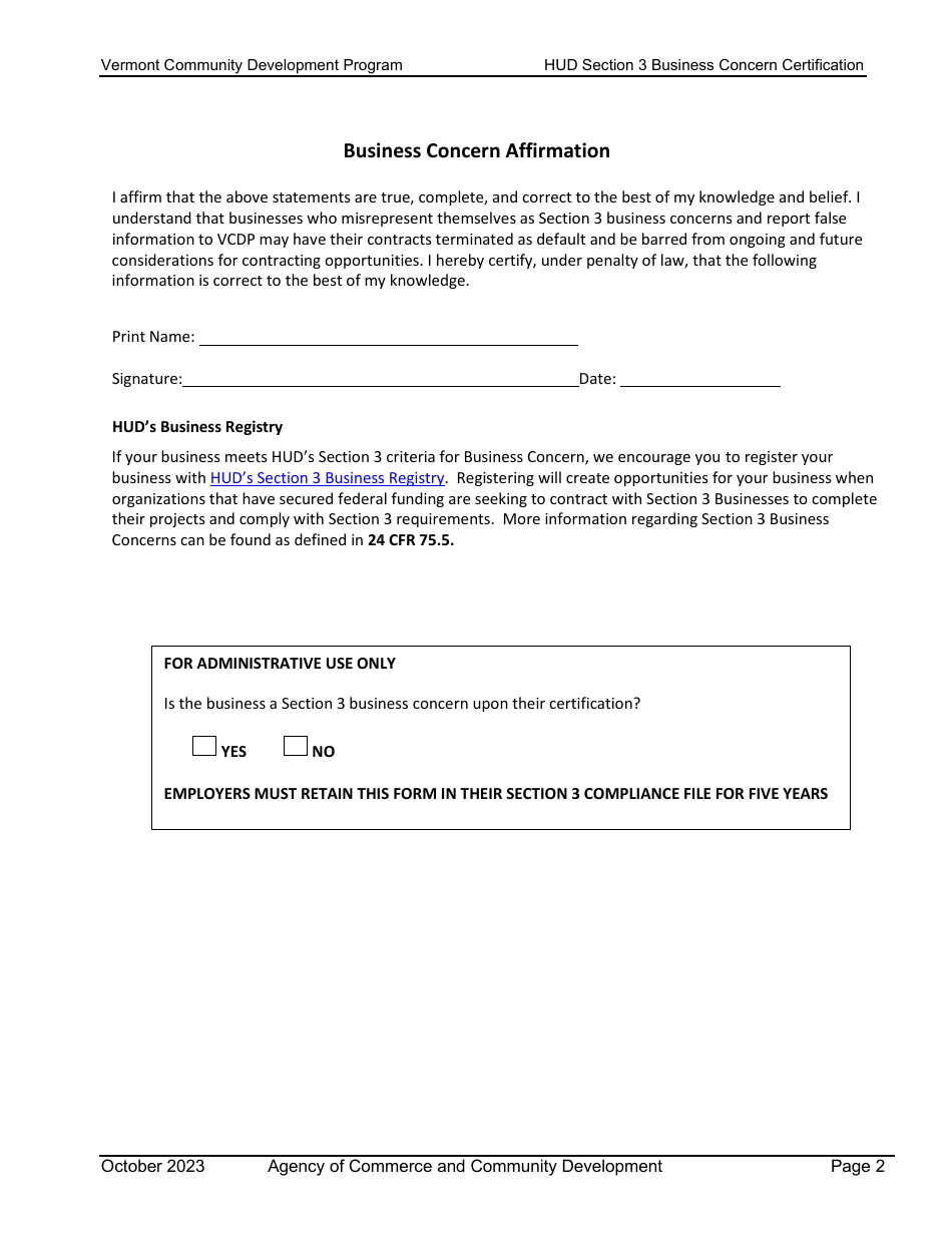 Hud Section 3 Business Concern Certification - Vermont Community Development Program - Vermont, Page 2