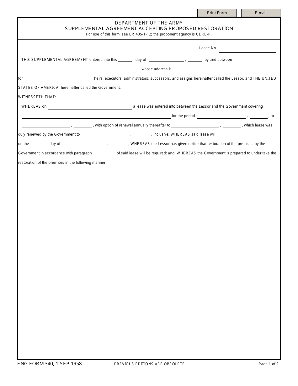 ENG Form 340 Supplemental Agreement Accepting Proposed Restoration, Page 1