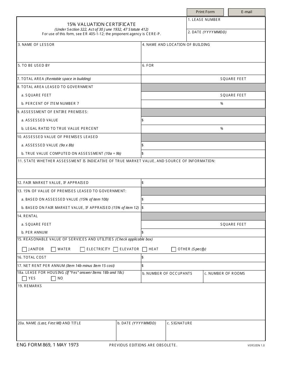 ENG Form 869 15% Valuation Certificate, Page 1