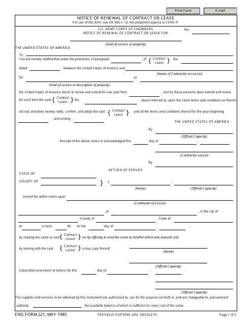 ENG Form 221 Notice of Renewal of Contract or Lease