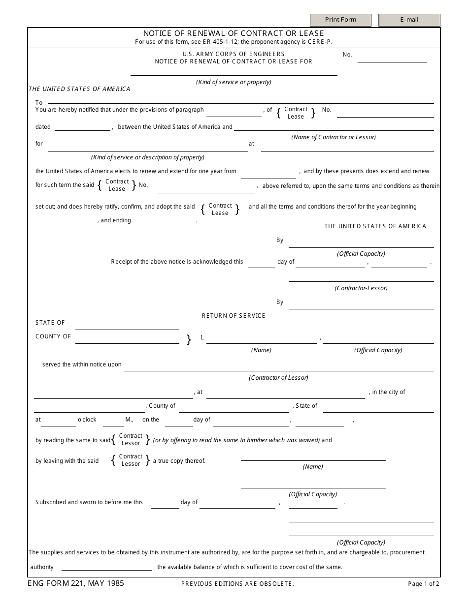 ENG Form 221 Notice of Renewal of Contract or Lease, Page 1