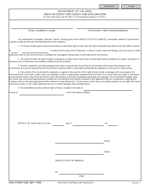 ENG Form 1258 Right-Of-Entry for Survey and Exploration
