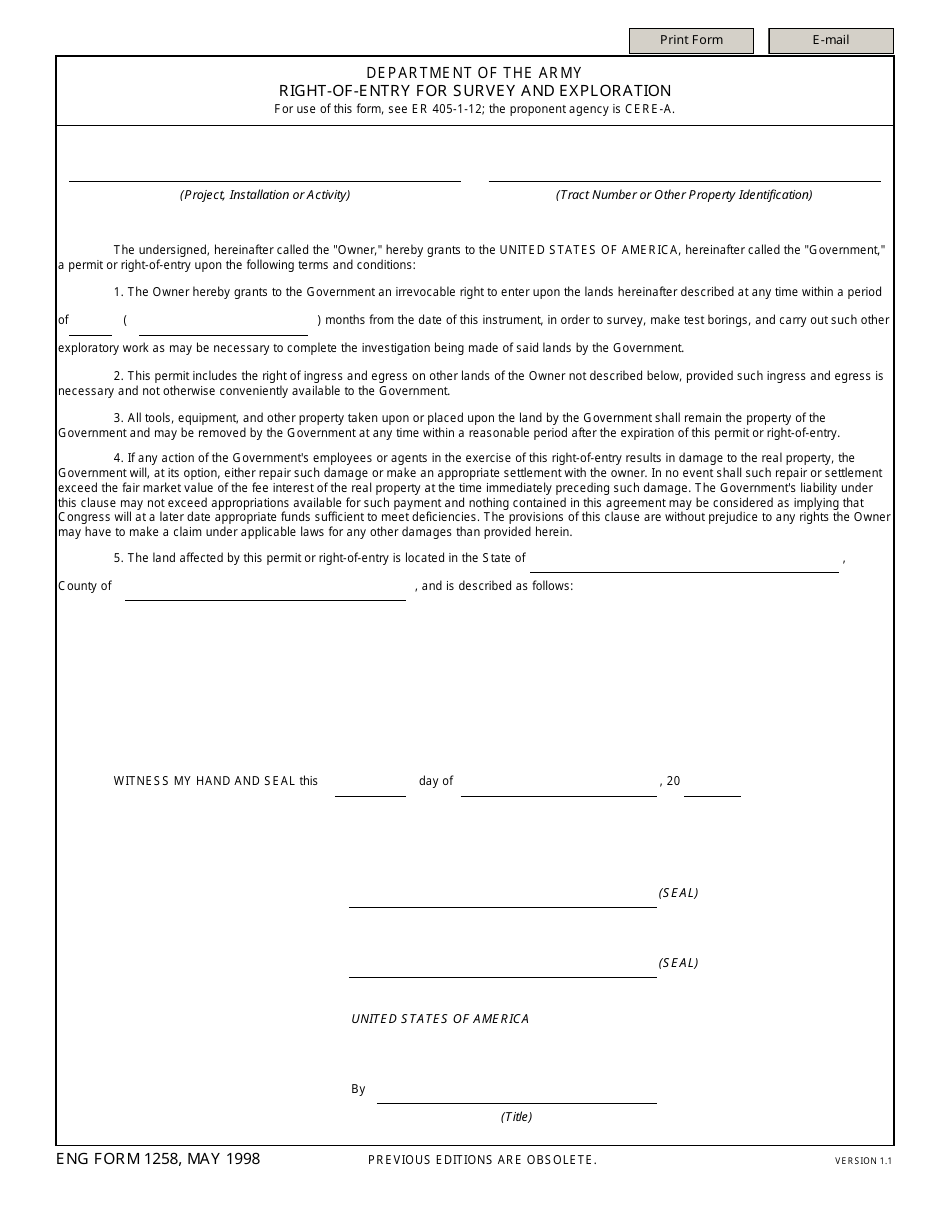 ENG Form 1258 Right-Of-Entry for Survey and Exploration, Page 1