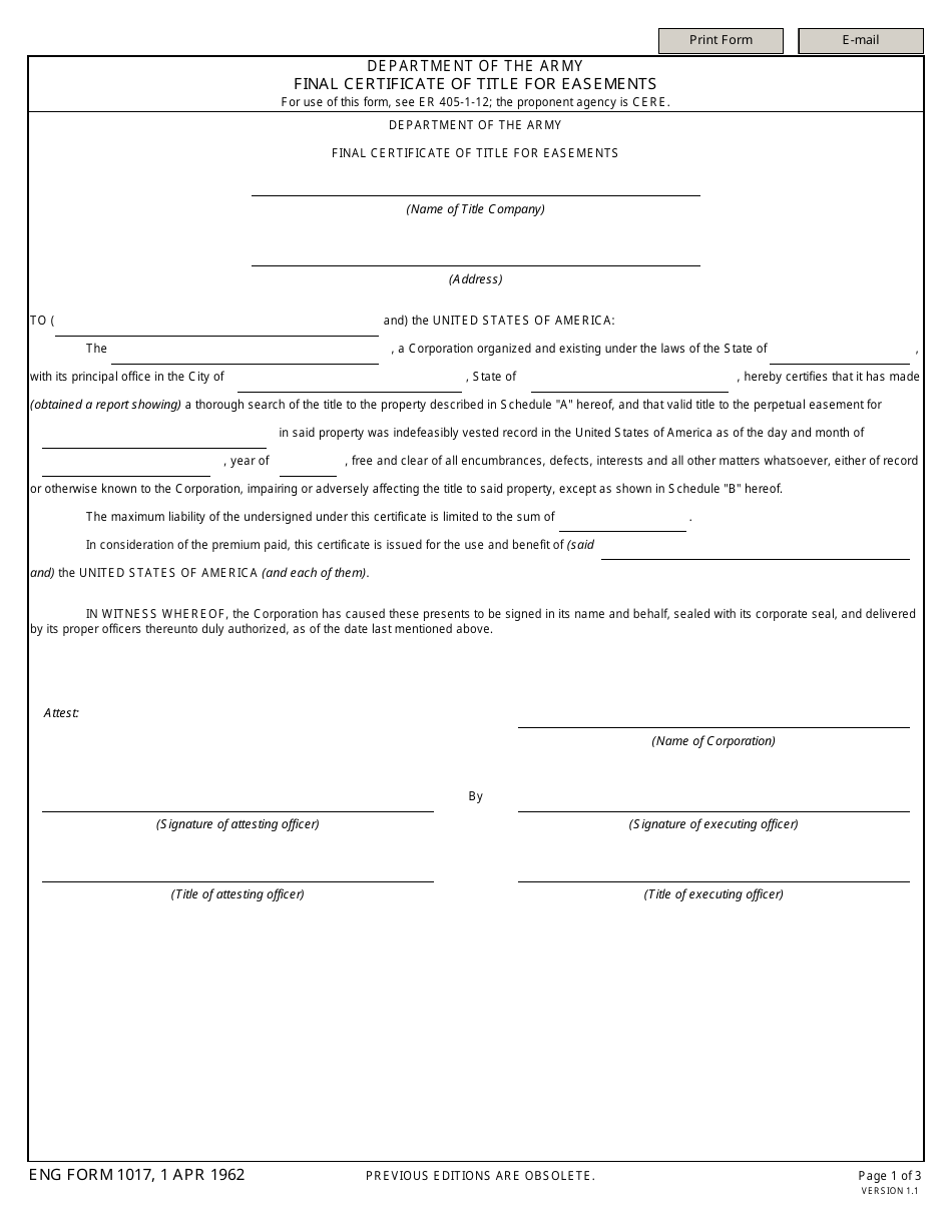 ENG Form 1017 Final Certificate of Title for Easements, Page 1