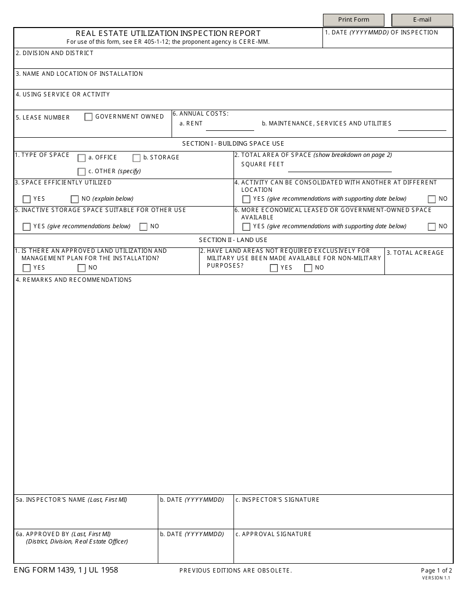 ENG Form 1439 Real Estate Utilization Inspection Report, Page 1