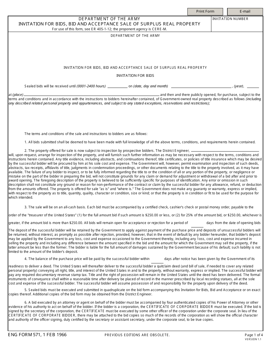 ENG Form 571 Invitation for Bids, Bid and Acceptance Sale of Surplus Real Property, Page 1