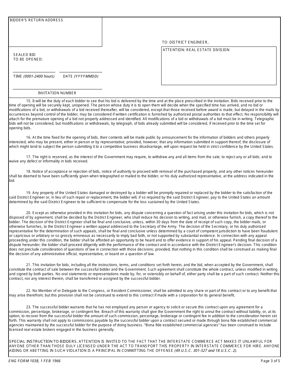 ENG Form 1038 Invitation for Bids, Bid  Acceptance, Page 3