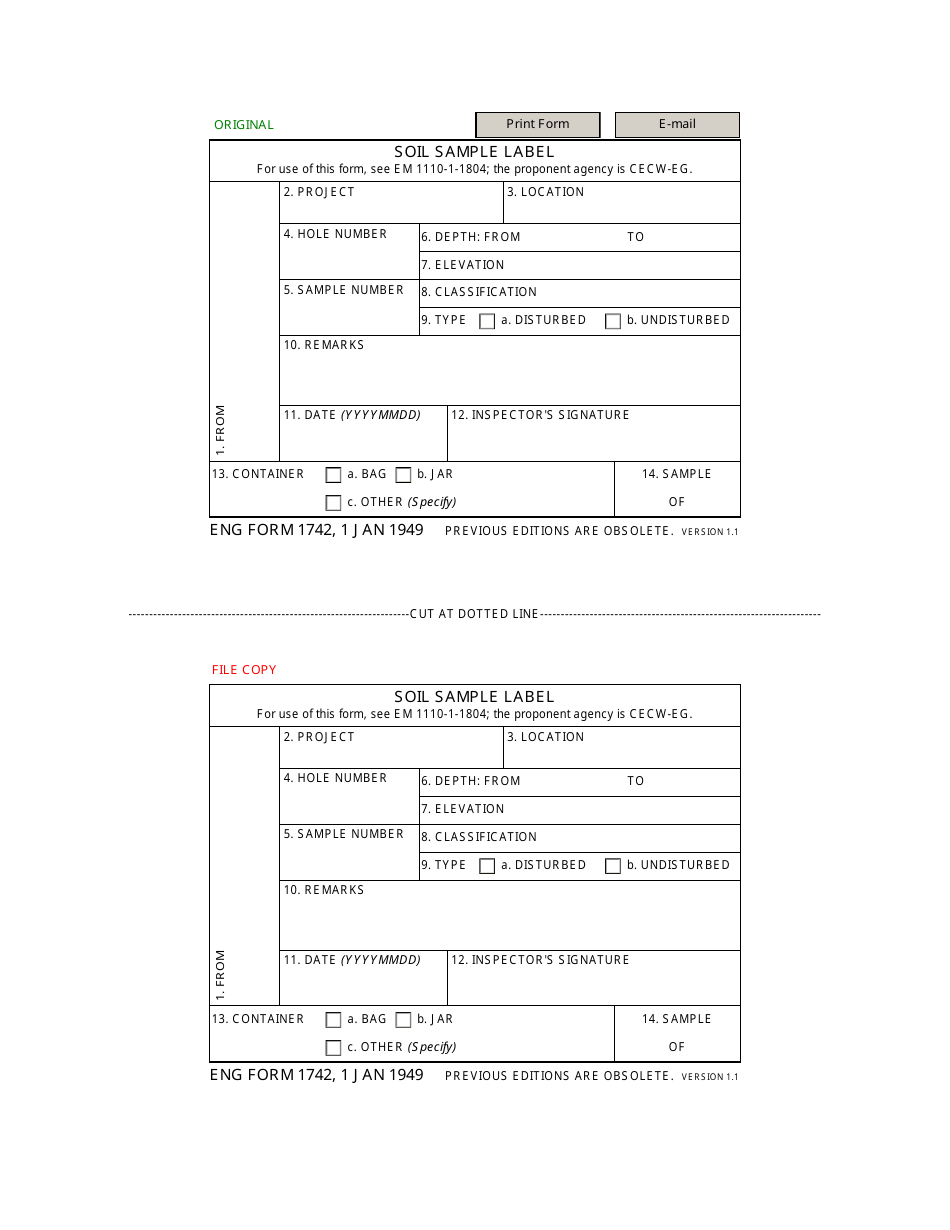 ENG Form 1742 Soil Sample Label, Page 1