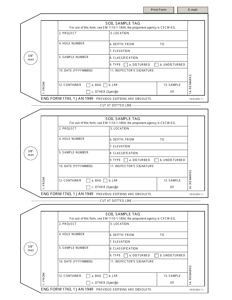 ENG Form 1743 Soil Sample Tag, Page 1