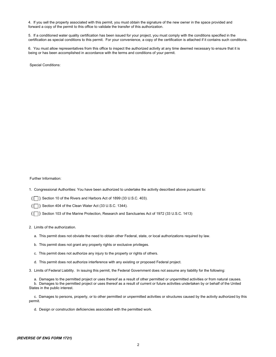 ENG Form 1721 Department of the Army Permit, Page 2
