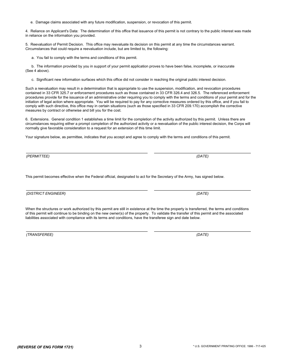 ENG Form 1721 Department of the Army Permit, Page 3