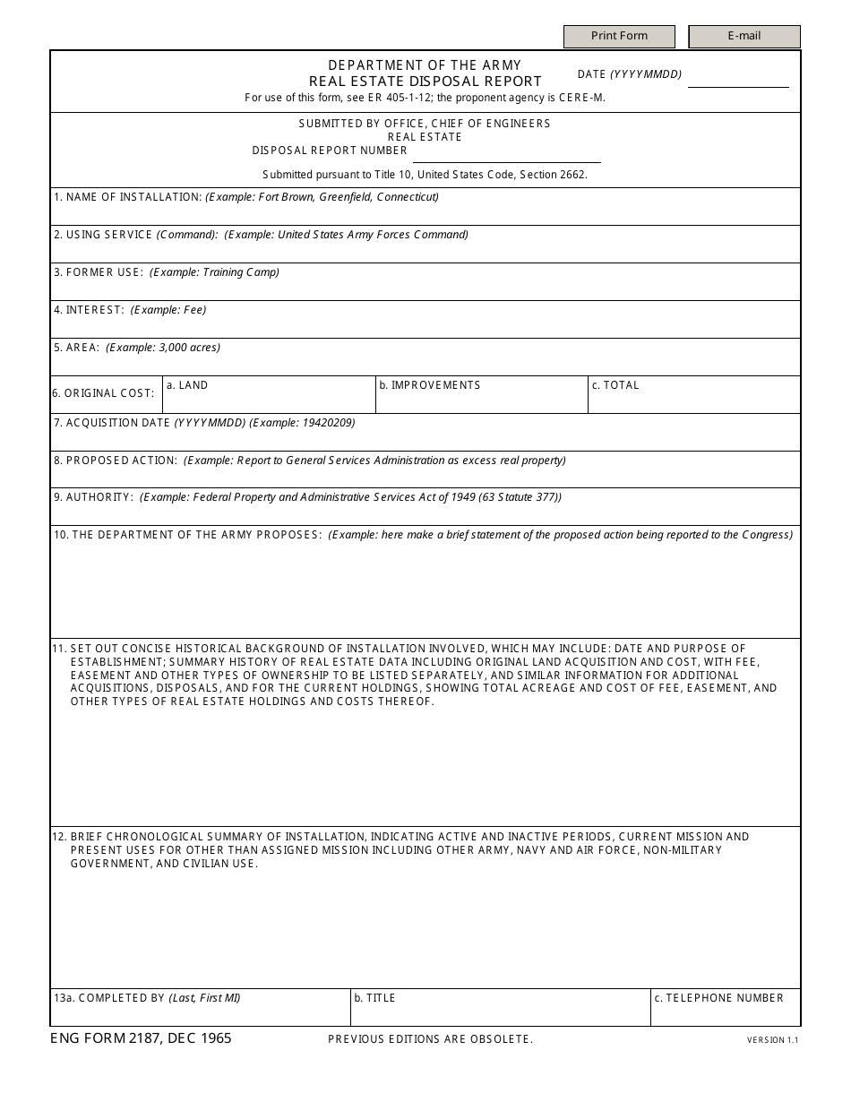 ENG Form 2187 Real Estate Disposal Report, Page 1