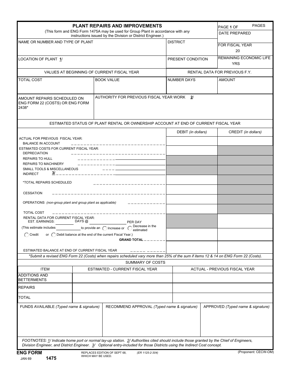 ENG Form 1475 Plant Repairs and Improvements, Page 1