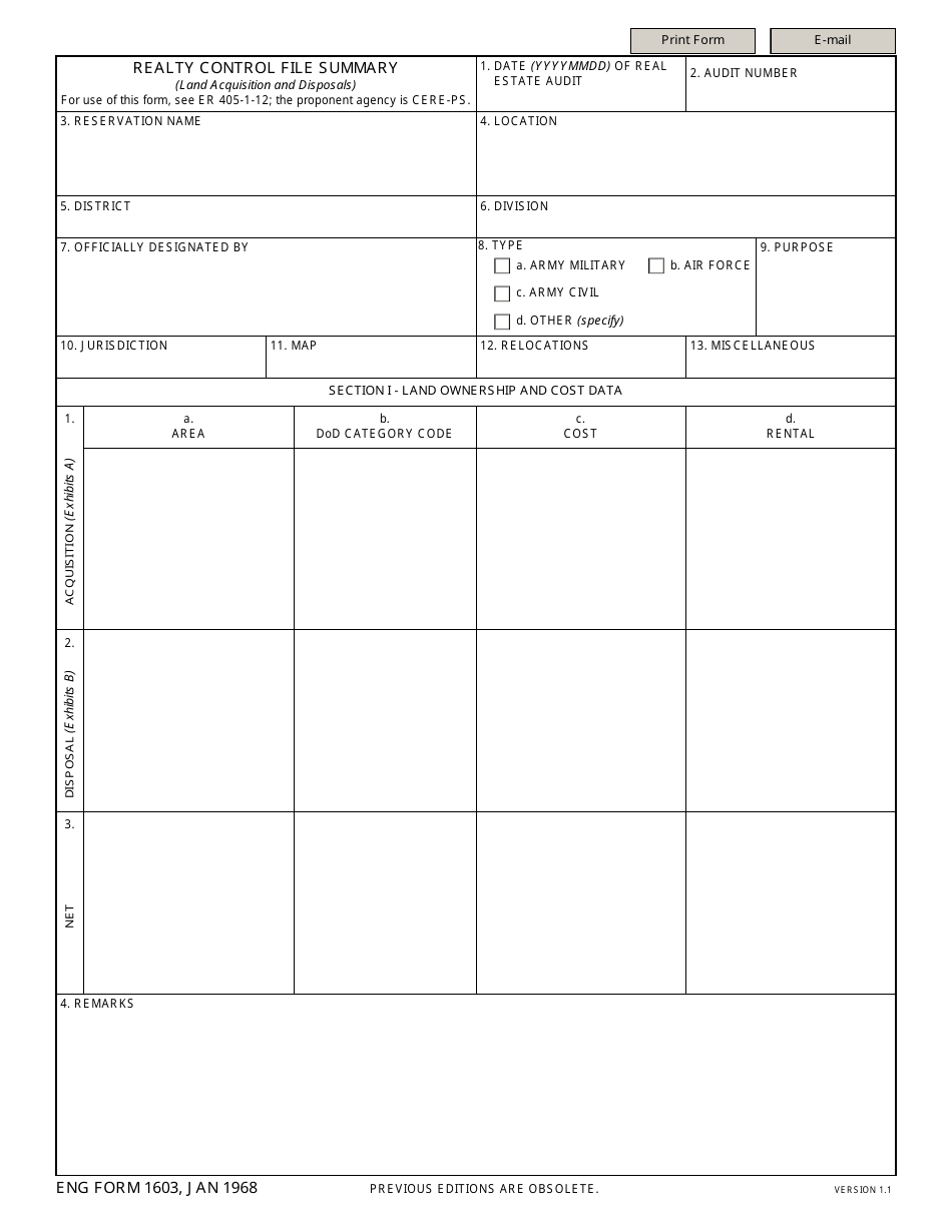 ENG Form 1603 Realty Control File Summary, Page 1