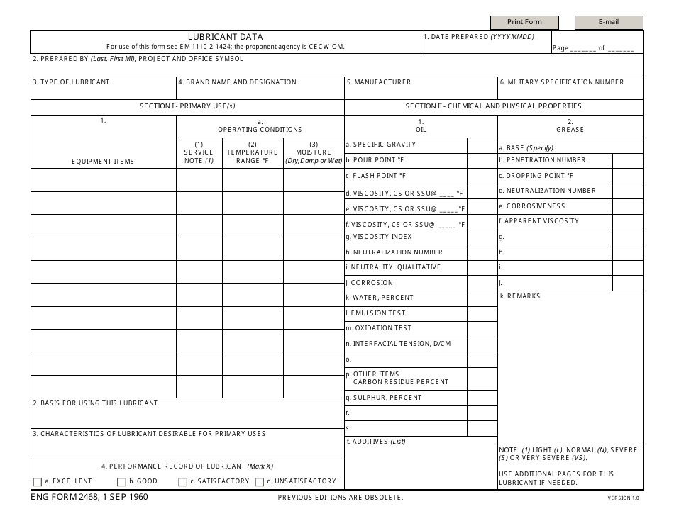 ENG Form 2468 Lubricant Data, Page 1