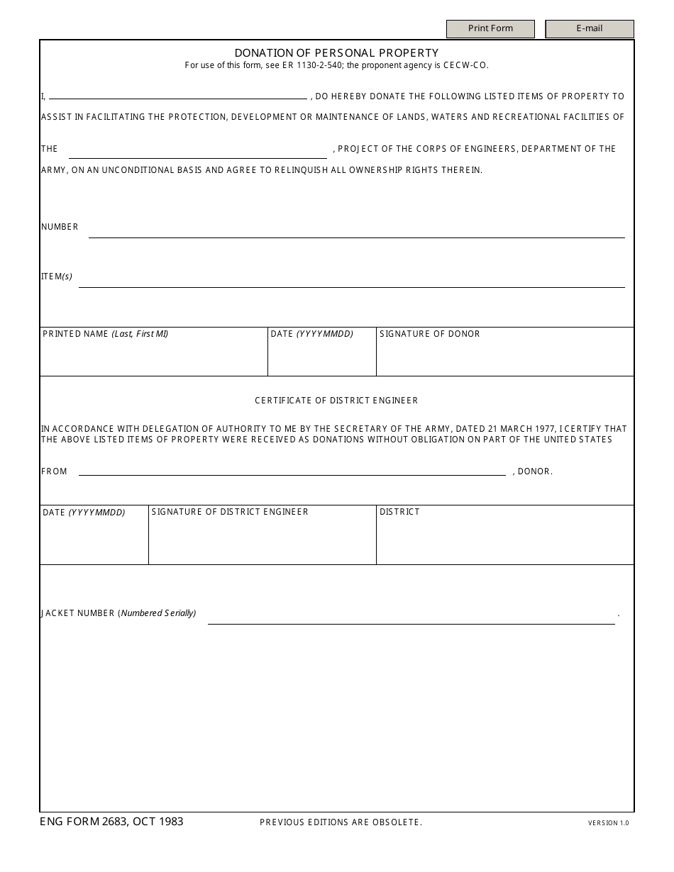 ENG Form 2683 Donation of Personal Property, Page 1