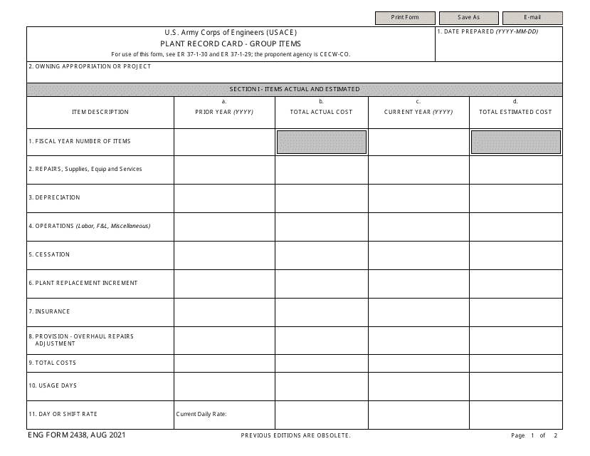 ENG Form 2438 Plant Record Card - Group Items