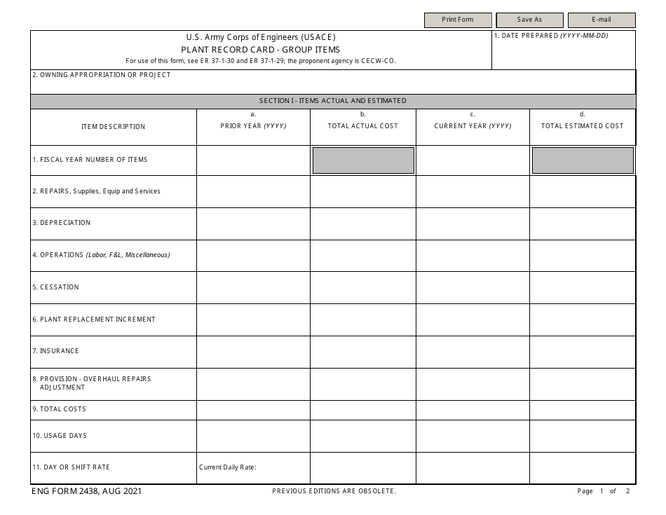ENG Form 2438 Plant Record Card - Group Items, Page 1