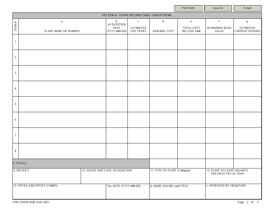 ENG Form 2438 Plant Record Card - Group Items, Page 2