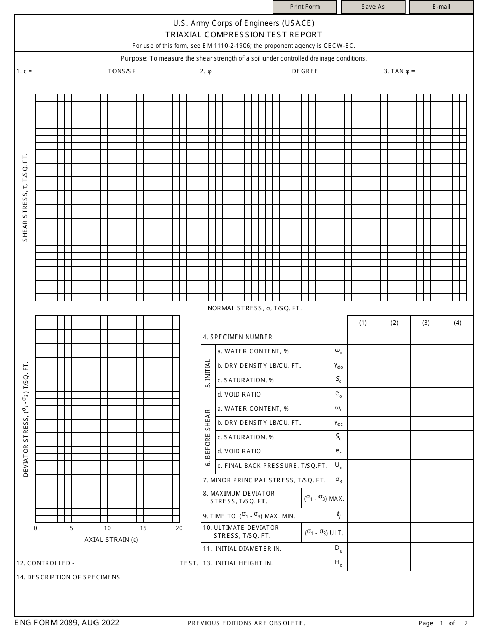 ENG Form 2089 Triaxial Compression Test Report, Page 1