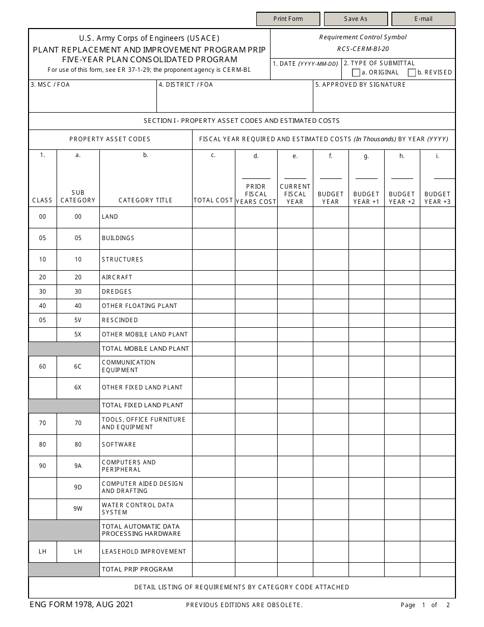 ENG Form 1978 Plant Replacement and Improvement Program Prip Five-Year Plan Consolidated Program, Page 1