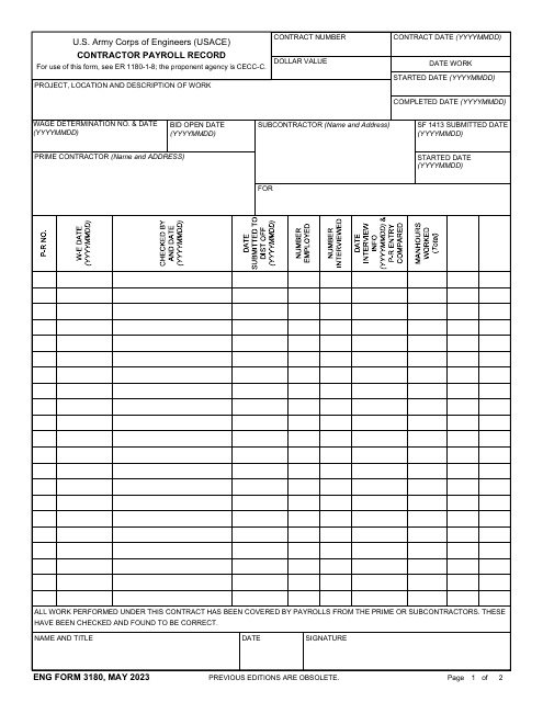 ENG Form 3180  Printable Pdf