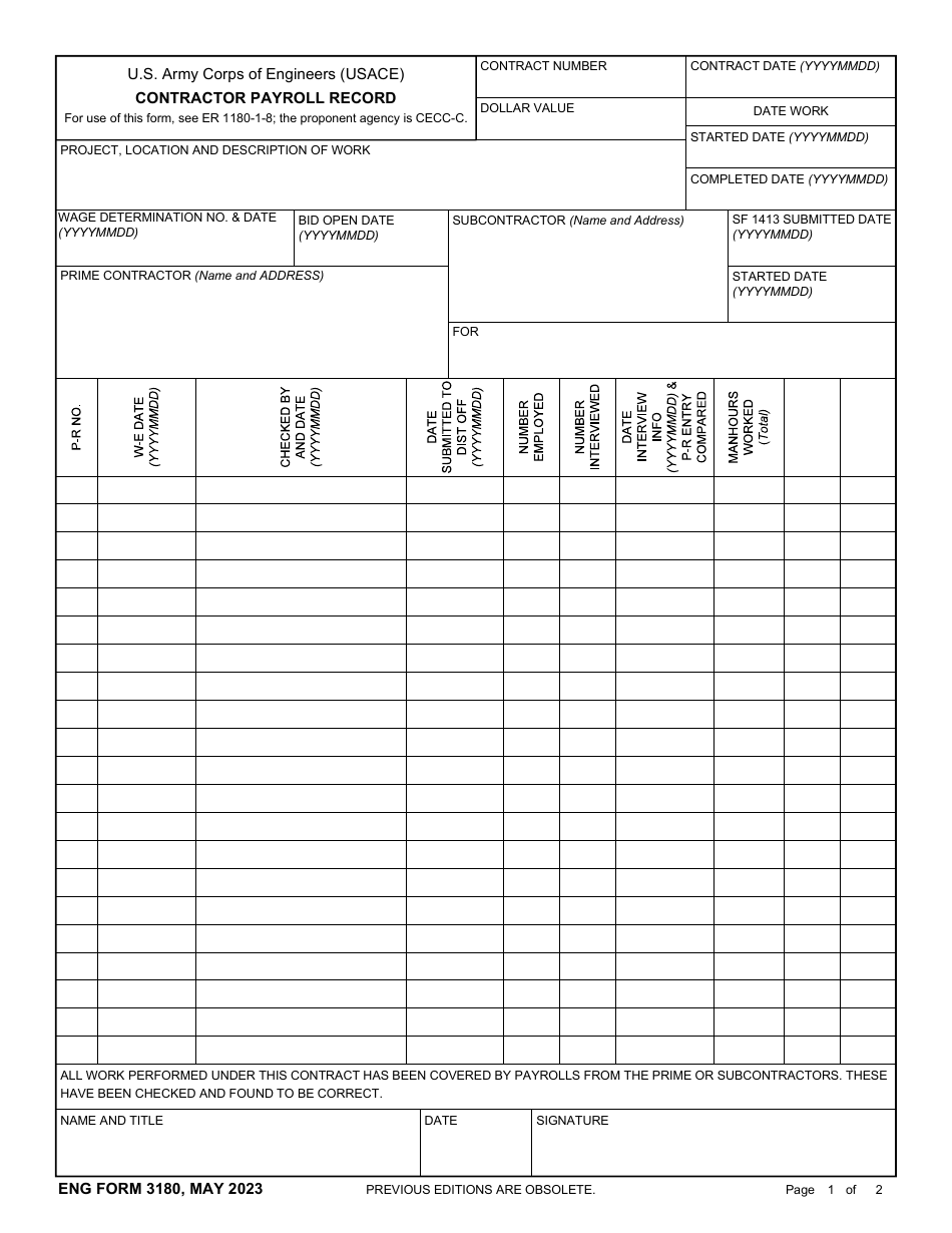 ENG Form 3180 Contractor Payroll Record, Page 1