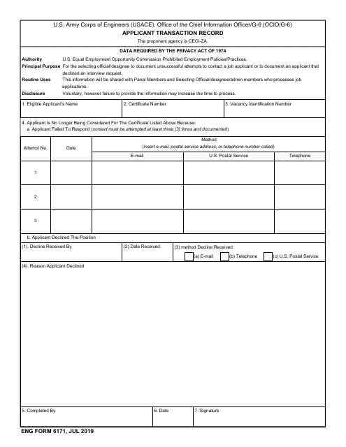 ENG Form 6171 Applicant Transaction Record