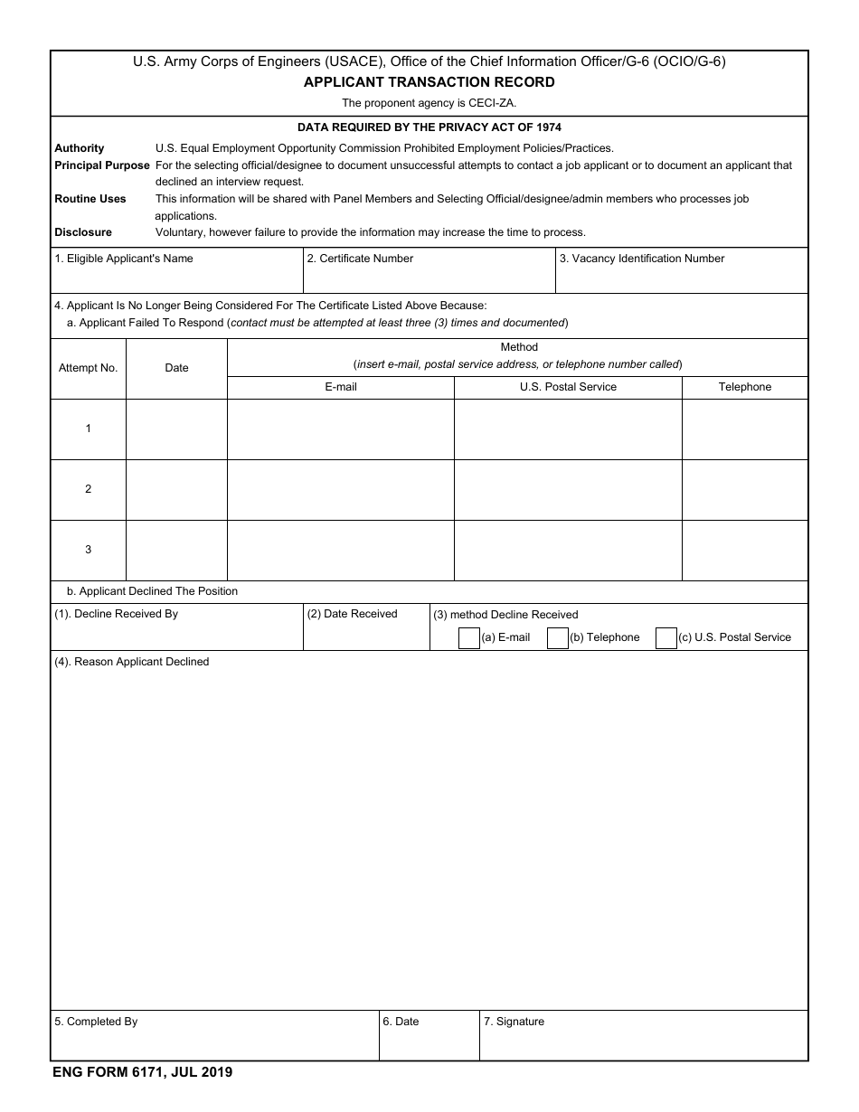 ENG Form 6171 Applicant Transaction Record, Page 1